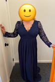 This dress fit great and I got a lot of compliments on it at a wedding I attended. It was the first dress I have ordered since undergoing reduction surgery last year, so I was dependent on their sizing guidelines.

I'm not super tall, so the dress was a bit long on me. I had to hold it up as I walked and danced, but if I had had the time a tailor could have fixed that easily. 

The sleeves were a bit loose and I ended up rolling them twice so they became tight right below my elbow. I think this still looked good, and it helped me from dipping my sleeve in dinner.

Even with some of it running a little large, I would have gotten the same size due to the waist which fit well. 

Overall I'm very happy with the purchase, I hope I find another event to wear it to in the future. - Courtney B.