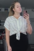 I usually would get a large, but I wanted a more oversized look. I was also worried about gaps between the buttons (34F), but I think I could've gotten a large without any problems. Slightly see through but a nice lightweight material. - Ashley S.