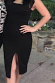 I wore this to my graduation and for pictures. It suits the body very well. It's stretchy but tight fitting. Good material, not see-through. Love the length and the cut-out gives it some sexiness. - Angelie R.