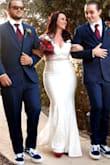 Wanted to write a review since I found them to be extremely helpful when looking for a dress. I needed to see what the dresses looked like on a busty woman. This dress was simple yet classy for a 40 something bride. Adding the belt made a huge difference. Super comfortable because it has some stretch and hugs the curves beautifully. I didn't even feel the need to change for the reception. - Erin W.