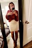 The bottom fits great and looks super cute. The top is a bit I'll fitting though. It's generally loose everywhere, but the turtleneck part is VERY tight. I couldn't keep it on longer than a few minutes, so I'm just wearing the skirt for now. - Amanda D.