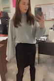 I love the neckline of this sweater! Super soft material I will be nervous to wash it! Love the big sleeves it makes it fashionable, the sleeves will stay up on your upper arm easily and will not fall back down unless you tug it down. I feel super comfortable and cute wearing this sweater. Easy to tuck into bottoms too because it's not a super thick sweater. :) - Rachel B.