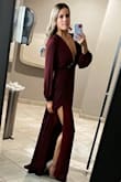 I wore this dress to my company Christmas party/murder mystery dinner. I was hesitant about the neckline, but after sending some photos to my friends and sister, they told me to OWN IT. I am so glad I did, the dress is classy and sleek but also adventurous. There is a slit that comes up to about mid-thigh level. (Referenced in the picture)
I received so many compliments, I'm certain you will too! Serve looks, girl! - Amanda T.