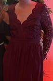 I loved this dress for a formal winter wedding. It was modest enough in the front and the low back was just the right amount of sexy. I had to get the bottom hemmed a bit. I am 5'4" and ordered a size small. I am small chested so the low neckline was perfect without a bra. I did wear pedals just in case. I have bigger hips and the small fit comfortably. I am size 4 and 28 in pants. - Robin W.