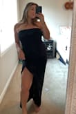 I bought this dress for a cocktail party and I loved it! The material is great quality, thick but soft and has that lux heavy feeling to it. The length was perfect too with a small or larger heel and I wore it without a bra and it stayed up all night with no nips showing through either. The slit is the perfect placement and length and the way the bodice is sewn is so flattering to any figure. Fits true to size and has some stretch to it if you feel you may be in between sizes. I would highly recommend!! - Alexandra M.
