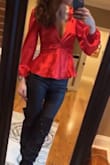 Run don't walk for this perfect top!!! 
Comfortable, quality feel, and the perfect shade of red!! 
Paired with Lulus faux leather pants. Obsessed!! - Maggie B.