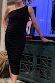 This dress is stunning and I cannot wait to wear it to a wedding.  I love the one shoulder design and the fabric is very luxurious and forgiving in all the right places.  Very impressed. - Kim K.