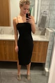 To preface, I love this dress. I've felt amazing both times I've worn it out. But, there are three things that aren't perfect for me. First, it's started doing some weird clumping on the seems at my hip (kind of visible in the mirror photo on the right side), which I'm knocking off a star for - but I'd go 4.5 stars if I could. The other two are simply that it's not perfectly designed for short girls with small boobs - it hits a bit lower beneath my knees than I'd ideally want and it definitely makes me look even more flat-chested than I am (but I wear it with no bra). Despite those things, I love this dress and feel amazing in it. I recommend!! - Mary T.