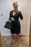 I am so pleased with this purchase. The color of this classic sweater dress is a rich forest green. (Anyone with green eyes, you'll want this dress!) Quality construction and fabric. The knit fabric is very soft to the touch, and the length is perfect, really timeless. I'm certain I'll be wearing this one for many years. - Frances T.