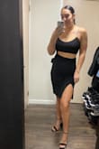super cute and flattering cut out dress. fabric is very stretching and breathable. only gave 4 of 5 stars because it isn't as high end looking as i was hoping it would be for a formal wedding guest dress. perfect LBD for a date night of night on the town! - Sabra S.