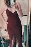This is a pretty dress. It was a little tight for my liking (i got a large) and i absolutely would have to adjust the top. I am pretty small on top and i bent over and one boob totally popped out. I had to put on shapewear too b/c it showed a lot of my insecurities (stomach). I also thought the slit was WAY too high. I would have to get that altered. Too many things I didn't like vs what I did like, so it is going back. I think it would be more flattering on a shorter girl too. The model is supposed to be my height (5ft9) and the dress looks much longer on her. I had like 2.5 inch heels on and it barely hit my heel. I wanted a more formal, longer dress. - Jessica W.