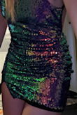 The lining material inside is felt-like, so it sticks to your skin. This makes it so when the dress rides up on your legs, the lining sticks in place, which makes the lining start to peek out on the edges (see picture). I like the dress, it's a bit short, but I can't stand the lining. I'm too late to return it, but I wont be wearing this. - Jessica H.
