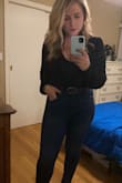 The material is stretchy and comfortable. I really like this bodysuit as it looks cute with jeans and skirts. I bought it in multiple colors. I really like the black one. - McKenna G.