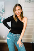 I'm obsessed with this ribbed one-sleeve top. The exposed arm is super flattering and can be worn in multiple seasons. This runs true to size. - Erin T.