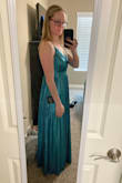 I ordered this dress as an option to wear to a nice dinner for my anniversary. I loved the aqua color on the website which is what drew me to it. Its not true to color. Its more of a darker teal. Normally I wear an XS at Lulus but most of my dresses are flowier, so I ordered the small at the recommendation of the size finder and it was too large. I'm not sure of my exact measurements but I'm narrow in my waist but a lot wider in my hips so sometimes I need a small or even a medium in some brands. It was close to fitting in the bust but much to large in the waist and too long. Also didn't fit the vibe I was going for& would be a great prom dress. Will be returning. - Allyson C.
