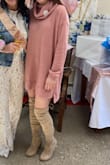I wore this dress to my best friend's bridal shower during the winter. It was cozy and warm, yet flattering. The color and style were perfect for the occasion! It was borderline too short but I thought it worked perfectly with over-the-knee boots to keep skin covered for the cold. - Holly G.