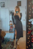 Fits really well. Love the polka dots, sleeves, and slit. Paired it with some ivory boots. - Mary K.