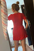 This dress is such a great red color. Cute sleeves and a true wrap dress. It runs small so definitely order up if you are in-between sizes! - Jena S.