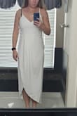 The material on this dress was a little thin, and you could see the layers underneath. It fit well and hung nicely. Not very tight at the waist. - Megan C.