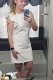 This dress is very cute and I'm planning to wear it to my bridal shower. I love the ruffled sleeve, and the length was exactly what I was looking for. My only complaint would be that I wish it tapered in a little more at the waist. - Megan C.