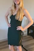 I love that this dress fits snug and hugs all the right places! The lace detail and length make it look very classy. Perfect for weddings! - Katie R.