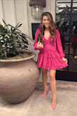 Love this dress! Prepare for compliments. I wore it to a Galentine's event and paired it with these Barbie-like pumps (also from Lulus) and the gold "H" necklace is also Lulus. I felt it was a little short but wearing bikers underneath didn't affect the look of the dress. Buy it! - Christina H.