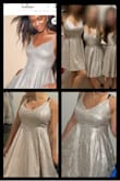 No denying that this dress is so adorable! It's well made and it has pockets, what more could you ask for? 

Wellll if you're looking for a true silver dress, this is not it! The pictures they have  on their website are so deceiving! I took these photos in all different lighting seeing if I could capture the silver, the way the website shows. That's why I added their photo so you can see the difference. 
Also runs a little bit, and is a bit short in the back.

I gave it three stars because of how off the color was. But it's a 5 star dress for quality and cuteness. - Dawn M.