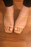 I really love the look and design of these shoes, when I saw them online I was obsessed. However, I'm not sure if they were meant for people with wide feet (like me). I wear a size 8 and ordered a size 8 and I'm not sure if it's because of the shoe design or my feet or both, but they were tight. I probably should get a larger size, but I'm not sure if it would be better or worse with this shoe design. I wore these to work for a whole day and got lots of compliments. Loveeeee the baby heel. They feel a bit tight but not uncomfortable. Just beware if you have wide feet they might look weird. (not weird enough for me to return them tho! LOL). - Tina P.