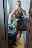 I was looking for a dress to wear while I'm pregnant, I tried it on at 6 months and it fit great. It has a nice stretch to it and feels very soft against your skin. I was 130 pounds before pregnancy and was at 145 when I took this photo. My cup size used to be 34 C but now they're at least a size up. Hope this helps other pregnant ladies! - Marianna B.