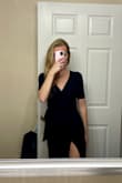 I bought this dress to wear for a wedding in a few months. The material isn't see-through, but it still feels light. It is easy to adjust the wrap to have more or less coverage. The fit is so flattering. I can't wait to wear this dress! - Sara S.