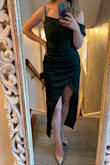 Bought this to wear to a black-tie wedding. I wasn't sure if I would like it with the slit in the side but it actually wears more like a high-low and fits like a glove! Super flattering dress and required zero tailoring on me, which is unusual because I'm petite and fairly short. It's the same exact color as the coat I plan to wear at the event so I'll have a monochromatic look going on - love it! - Morgan E.