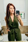 I bought this jumpsuit with the intention of wearing it to a Valentine's Day wine dinner I was hosting for work. I think it was the perfect balance for date night with my husband plus work-appropriate. It fits true to size, but I did pin the front a little just because I was helping pour wine for attendees. The length was great with some strapped heels, but I also can't wait to pair it with some sandals in the spring. - Katie L.