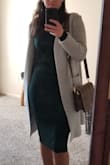 The fit of this dress is perfect! I was worried a S would be too tight, so I ordered a M and it was just right. I have bigger hips, and this fits nice and snug on me. The sleeves are a little long, but otherwise, it's the right length. I like that it's a thicker fabric, so it's warm enough for going out in the cold. The thickness is also great because your undergarments don't show through. I'd love to have this in multiple colors! - Ana-Maria R.