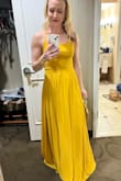 Beautiful dress, perfect fit. I am petite and it was a few inches too long but worked great with some heels. Straps are adjustable which helps because I have a smaller bust. - Anna V.