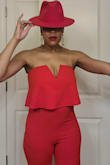 Lulus never disappoints.  Everybody loved my outfit (as usual) this fit perfectly!  I topped it off with my red Fedora hat and walked in that event like a true Queen.  Even at my height, the pants were long, so that was the perfect touch for me because I was worried they weren't going to be high water, but they covered my shoe.  You will definitely need someone to zip you up if you have a big bust...but overall, love this outfit and look.  Until next time Lulus... - Quiana T.