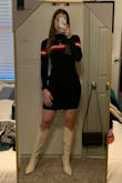 I get race car vibes from this sweater dress?? Very comfy, long enough, and flattering! Just some extra fabric makes it a little loose, but I kept it for the length - Emme M.