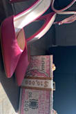 I got this pair on sale! I lucked out for Valentine's Day. The satin was impeccable and the stones on the ankle all stayed put. They are a little uncomfortable because of the slight support they provide around the ankle, it wasn't a surprise because I have worn this style before. True to size. - Claudia P.