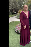 Beautiful maroon color, lightweight fabric, and the deep v is flattering. I would get it shortened a bit if I were to wear it again, it was a little long in heels. I thought I'd have to be worried about nip slips but even when my fashion tape unstuck itself, all was good throughout the event. - April V.