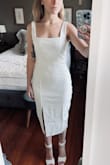 I love this style of dress and the square neckline but it just didn't fit the way I thought it should.
I ordered an XS and it was too long and was baggy basically all over. I usually expect things to be looser in the bust area bc I'm small but this was even baggy on my hips which I don't normally encounter with an XS. 
Would look great on a curvy body! Wish it fit me properly bc I loved it! I also liked how it wasn't too revealing and wasn't see-through. - Alexa W.