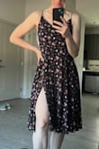 I'm usually between a S and M, ordered a M and it fit perfect (has adjustable straps too) This is very lightweight, will definitely work when its hot outside. I kept the black flower one and returned the red one (had more green in it than I was expecting). Its really cute, good Beth Dutton vibes lol. Slit is perfect but I'm tall, can imagine it might be too high if you're short (but could probably just stitch it up), the slit isn't very noticeable though since dress is flowy - I purposefully posed in my pics with the slit showing but it doesn't stay like that if that makes sense. - Jessica D.