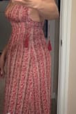 Love this red print so much! It's a lovely muted redore like a wine color, the subtle paisley design makes the dress feel exotic like I'm in Morocco! The tassels and long custom tie straps are game changers in elevating the quality of the dress as well. Fabric is soft and flowy too. I would have loved a nice side slit though. Overall I got this on sale which made it a steal! - Allison C.