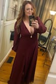 This dress is incredible. A little bit bigger than I had measured for. But wouldn't change my size. I had 2" hemmed off the bottom and the leg slit closed about 1" down from where it began. 

Color is perfect. 
Quality is perfect. 
Shipping was perfect. 
Have and will continue to recommend to friends. - Lindsay S.