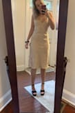 This dress is amazing. I bought it as an option for a wedding guest dress. I was a bit nervous the color would be too close to white but it was truly a very light blush/pink color. I opted to not wear it for the wedding so I didn't ruffle any feathers with the color, but if I knew the bride better, I think I definitely would! Still keeping it because it's beautiful and these slip dresses can often be super unflattering but this one is so sexy and flattering! I find the typical cowl neckline for these dresses super hard with a small chest, but the cut on this one is much more flattering on my top half. Would order in more colors if they had them! - Lauren D.