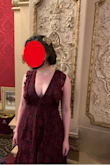 I loved how I felt when I put this on. It's definitely low cut and if you have a larger chest, it'll all be out there. But it is designed in a way that it felt sexy but not like I was going to have a nip slip. I could wear a bra with straps easily but probably could also go braless. I'm wider in the hips and usually have to order a medium because of that but was pleased that the dress easily fit over them. I wouldn't want it any bigger, especially because of my height. Super flattering and got lots of compliments and felt like I was on the red carpet haha! - Sarah R.