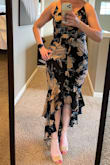 I typically shop at a higher price point but thought this dress would be perfect for dinner on an upcoming vacation to Scottsdale. I liked the black and tan color, abstract floral pattern, and that it wasn't overly formal. Unfortunately, the poor materials ruin the fit. The slip is too small for the dress, which meant I had to fiddle with it every time I moved. The fabric is thin and clings more than it drapes. The waist was inches above my natural waist so it didn't create a nice waistline. It did work well with a strapless bra. If you are used to Reformation dresses, this one will disappoint. The dress looked good if I pulled the slip down, stood straight, and didn't move. As soon as I moved, the slip twisted and the dress started bunching up around my waist. I'm 5'5", 136 lbs, 34Dx29"x39". I typically wear a size 6 or 28" denim (8 in Reformation). This dress in size Medium fit more like a junior's 7 (Women's small or 4-6). Returned. - Brianne M.