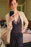 Wore this out finally! Felt sexy cute. Got compliments on the blazer. I might've sized down but I have broad shoulders and [am] afraid it would be too restrictive so staying TTS. It's relaxed fitting, faux pockets, lightweight and perfect for 60 degree outdoor weather. I cuffed the sleeves and done! - Tiffani T.