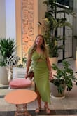 I'm between a size 2-4 and sized up to a medium from my recommended size because I don't like things tight on my stomach. I could have gone up to a large. The elastic is so tight at the waist. But I love the color and it looks good! - Alyssa S.
