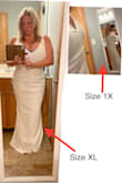 Just love this dress.  Unfortunately I'm between sizes right now. My large bust size Is usually too tight on the top but too loose on the bottom. The picture shows that the size XL is it too tight on the top but the 1 X is too loose. Hard to tell by the picture but it was even loose on the bust. I purchased both dresses in hopes that one of them will work on my wedding day. I didn't want to take the chance and have the dress sell out, that's how much I loved it!  Everything I try on always brings me back to this dress!! - Patty L.