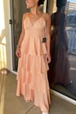 This dress is beautiful. It fits really well too. I am 5'7 and it's the perfect length with 1.5-inch heels so it may belong for shorter girls. Color is pretty true to the stock photo. - Marina N.