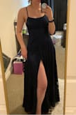 I love the dress. I ordered a small and it fits well. It doesn't drag on the ground at all. It doesn't fit my bust too well but I personally don't mind a little side boob. If you have large tatas this dress may not be the best fit as there's not a lot of room for the girls to sit. It feels well made, which is nice. - Nikki N.